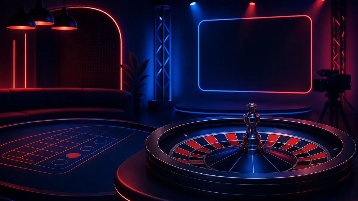 Lobby casino live stilizzata con roulette e luci da studio